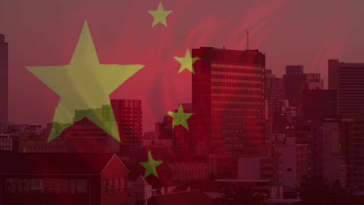 Animação da bandeira da China sobre uma paisagem urbana.