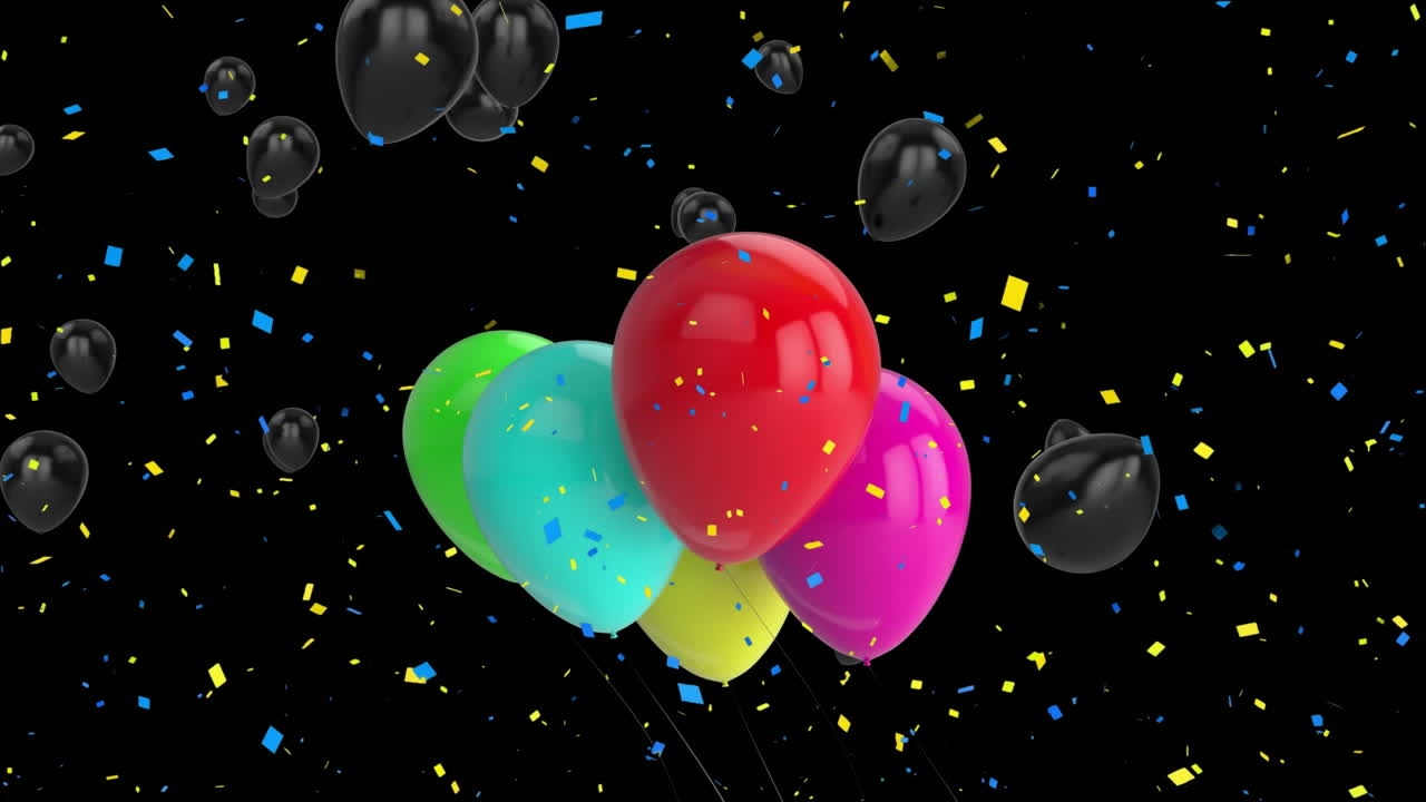 animación de globos coloridos volando y confeti cayendo sobre un fondo negro
