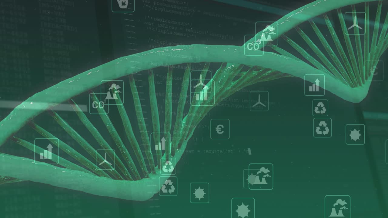 animación de la cadena de adn girando sobre los iconos digitales de la ecología