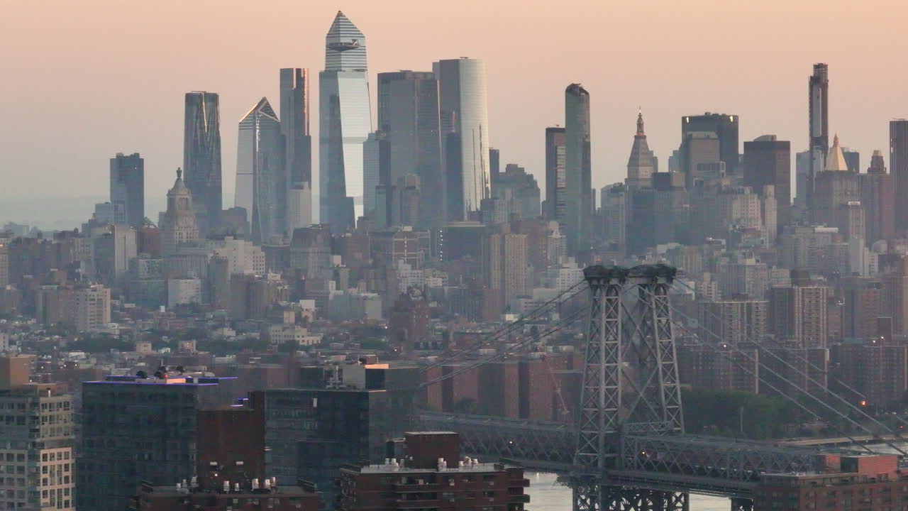 Aerial view of New York City on a summer morning. Shot in Brooklyn