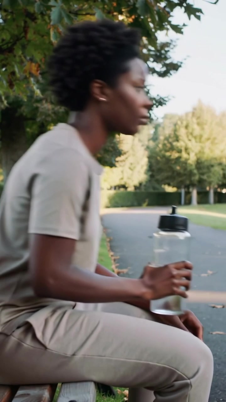 Vertical video: Rising woman in neutral set walking in park briefly, returning to bench with bottle
