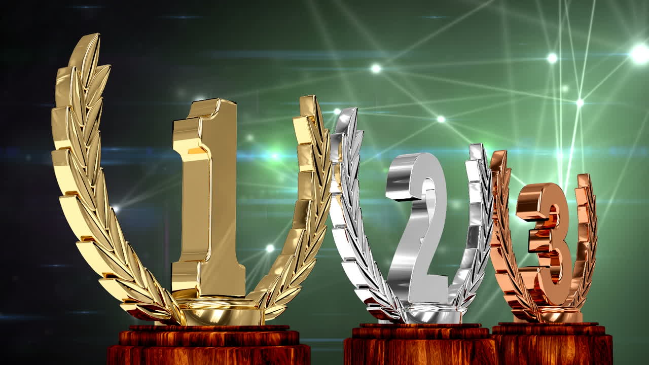 animación de los trofeos de primer, segundo y tercer lugar en la ceremonia de entrega de premios de los ganadores iluminados