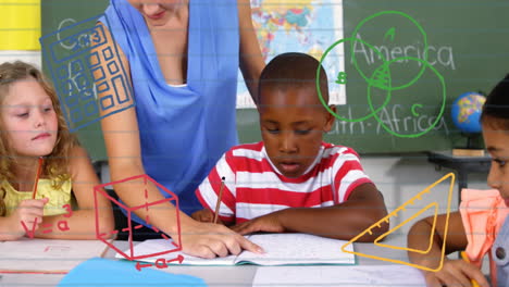 animation of school icons over female teacher and school children at school