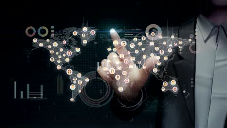 businessman touching connected people, using communication technology. 4k size movie,  with economic diagram,chart,graph.