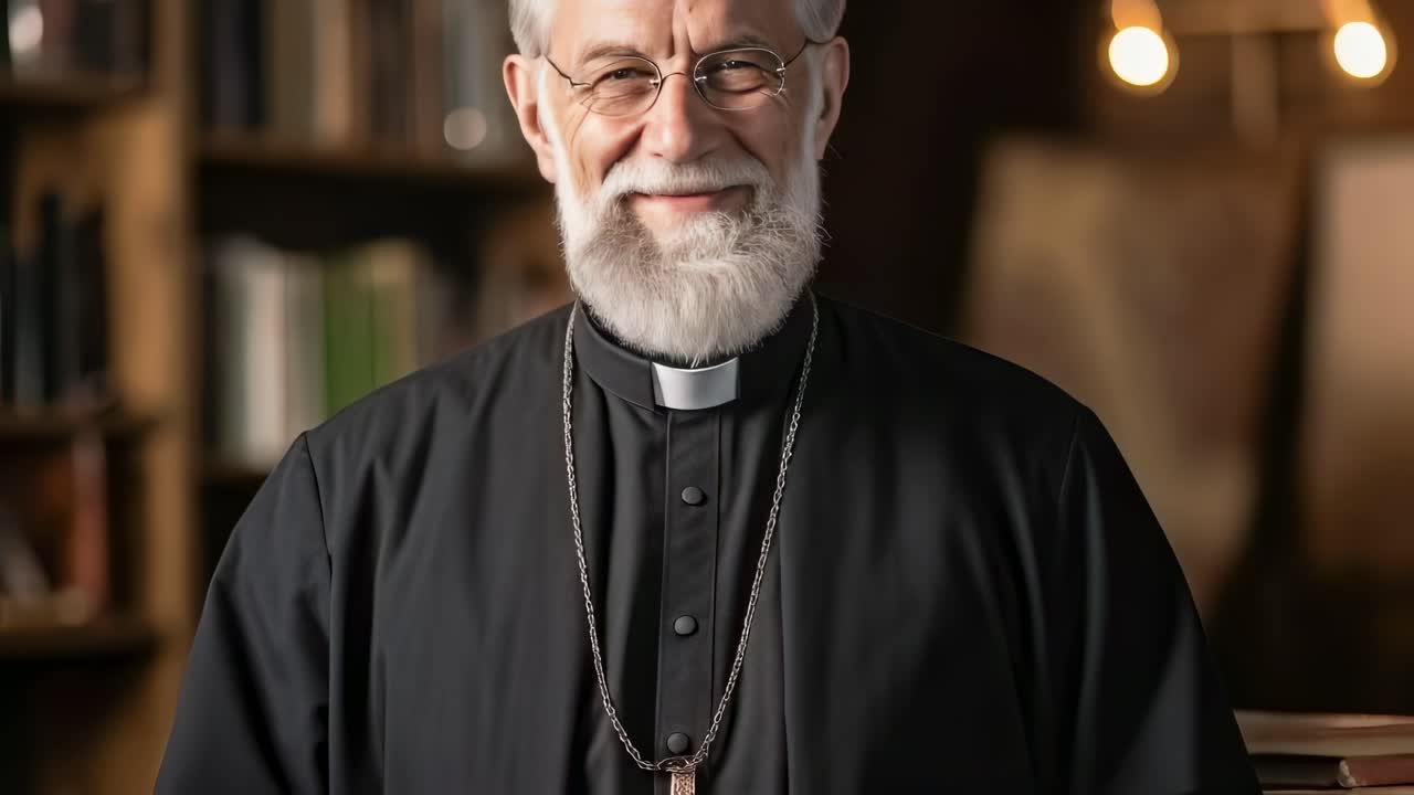 Confident senior clergyman smiling warmly in a church library, dressed in traditional religious attire, radiating faith and providing spiritual guidance to the community