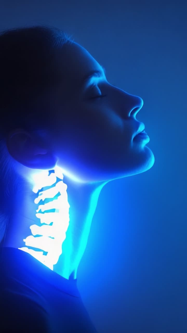 Un Ritratto Incantevole di un Profilo Illuminato da Luce Blu, Sottolineando un Contrasto Sorprendente Tra la Forma Umana e la Luminosità Radiosa