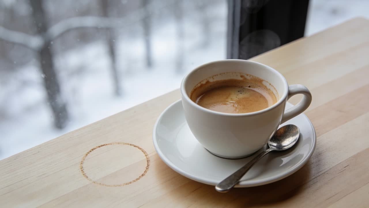 Tazza bianca che si sposta, la telecamera si avvicina, vapore animato che mostra un anello di caffè per annunci di caffetterie.