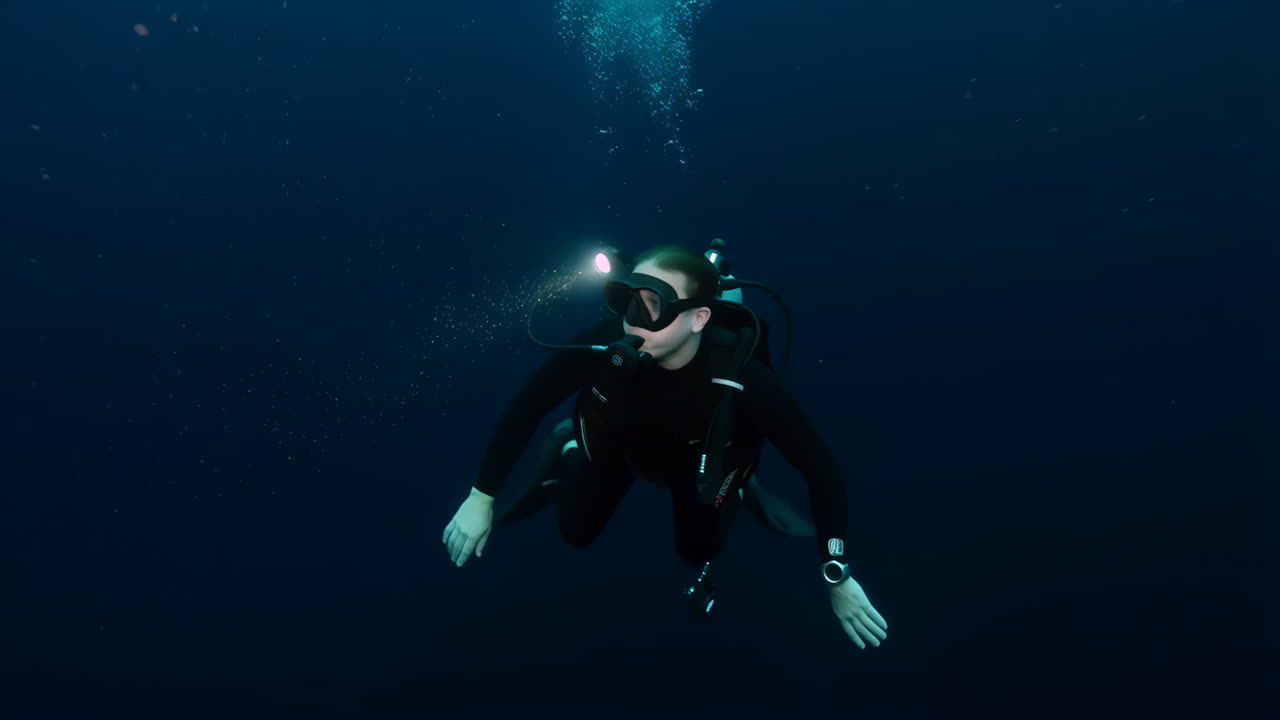 Scuba Diver in Dark Ocean Depths with Headlamp