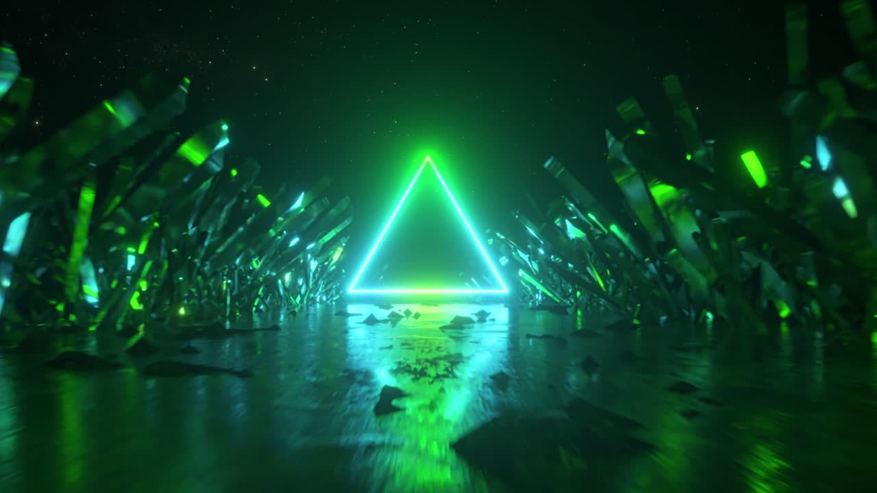 triángulo verde neón a través del túnel de cristal