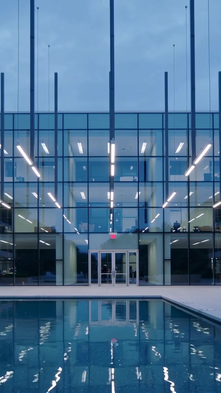 Vídeo vertical: Mostrando parede de vidro refletindo piscina, ondulações mudando as luzes, placa de saída acima das portas