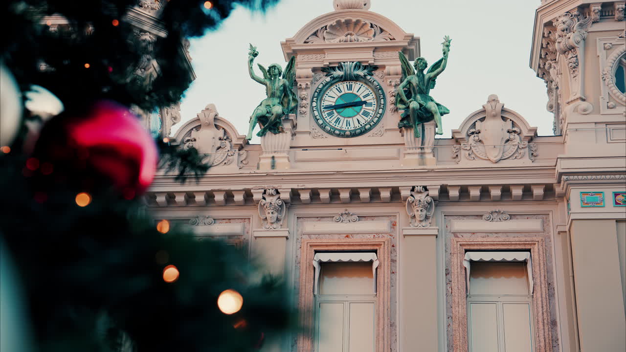 Monte Carlo , Monaco -December 23, 2024: Close up of decorations on a Christmas tree in front of the Monte Carlo Casino