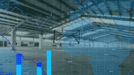 Animación-Del-Icono-De-Mensaje-Y-Procesamiento-De-Datos-Estadísticos-Sobre-El-Mapa-Mundial-Contra-Un-Almacén-Vacío