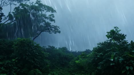 heavy rain pours down on a dense tropical forest, creating a vibrant scene of lush vegetation and rich biodiversity