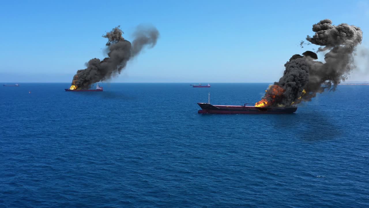 지중해에서 공격을 받고 있는 화재로 불타는 화물선