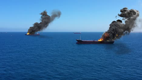 cargo ships burning on fire under attack in mediterranean sea