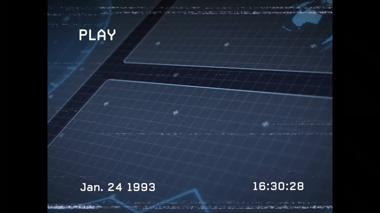 Digital animation displaying date, time, and play status with grid and data lines