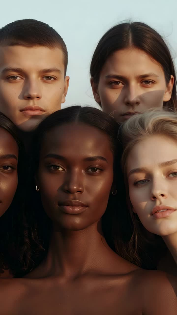 Vertical video: Starting, center model blinking blond tilting group posing for shoot bare shoulders