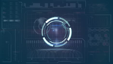 round scanner over digital interface with data processing on blue background