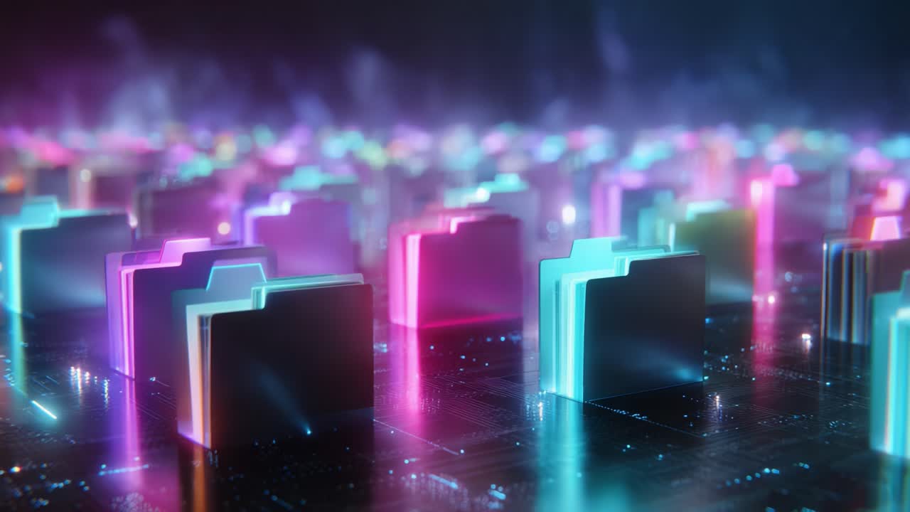 Vibrant Neon Folders on a Digital Circuitry Background: A Futuristic Glimpse into Data Organization and Technology's Evolving Aesthetics