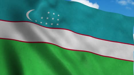 la bandera de uzbekistán ondeando en el viento, el fondo del cielo azul. 4k
