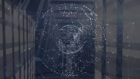 animation of network of connections and globe over server room