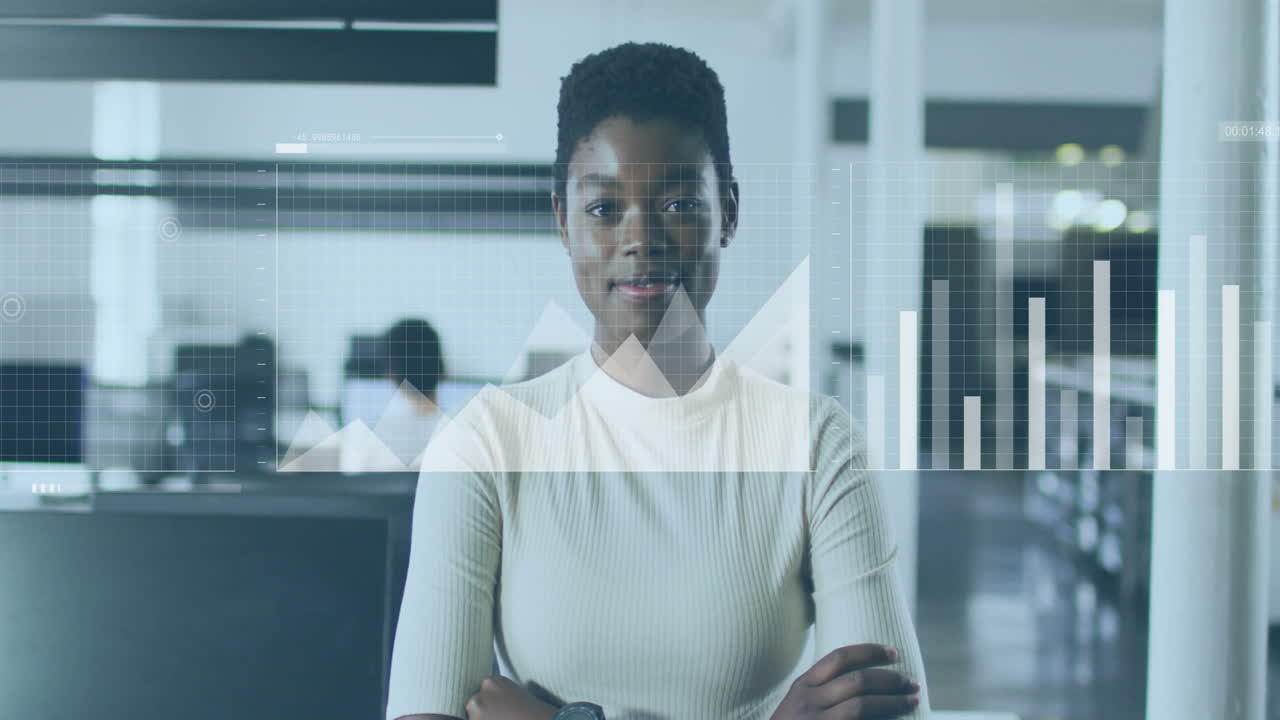 Animazione di analisi di dati aziendali su un professionista sicuro di sé in un ufficio moderno