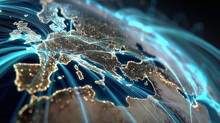 Illuminated Connections: A Stunning Visualization of Global Communication Networks Over Europe, Showcasing the Interconnectivity of Cities and Continents Through Digital Threads