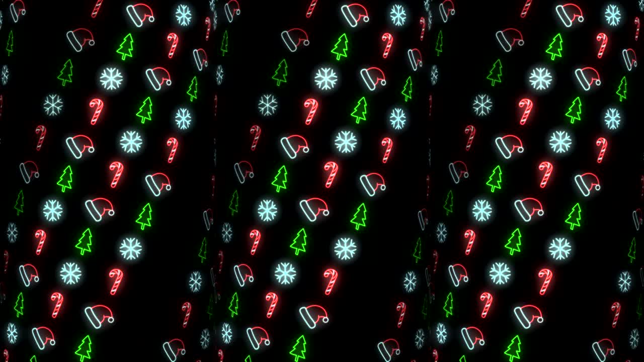fondo de patrón de navidad de neón estroboscópico de copo de nieve de árbol de navidad de sombrero de santa y bastón de caramelo en animación de bucle rojo, blanco y negro estroboscópico