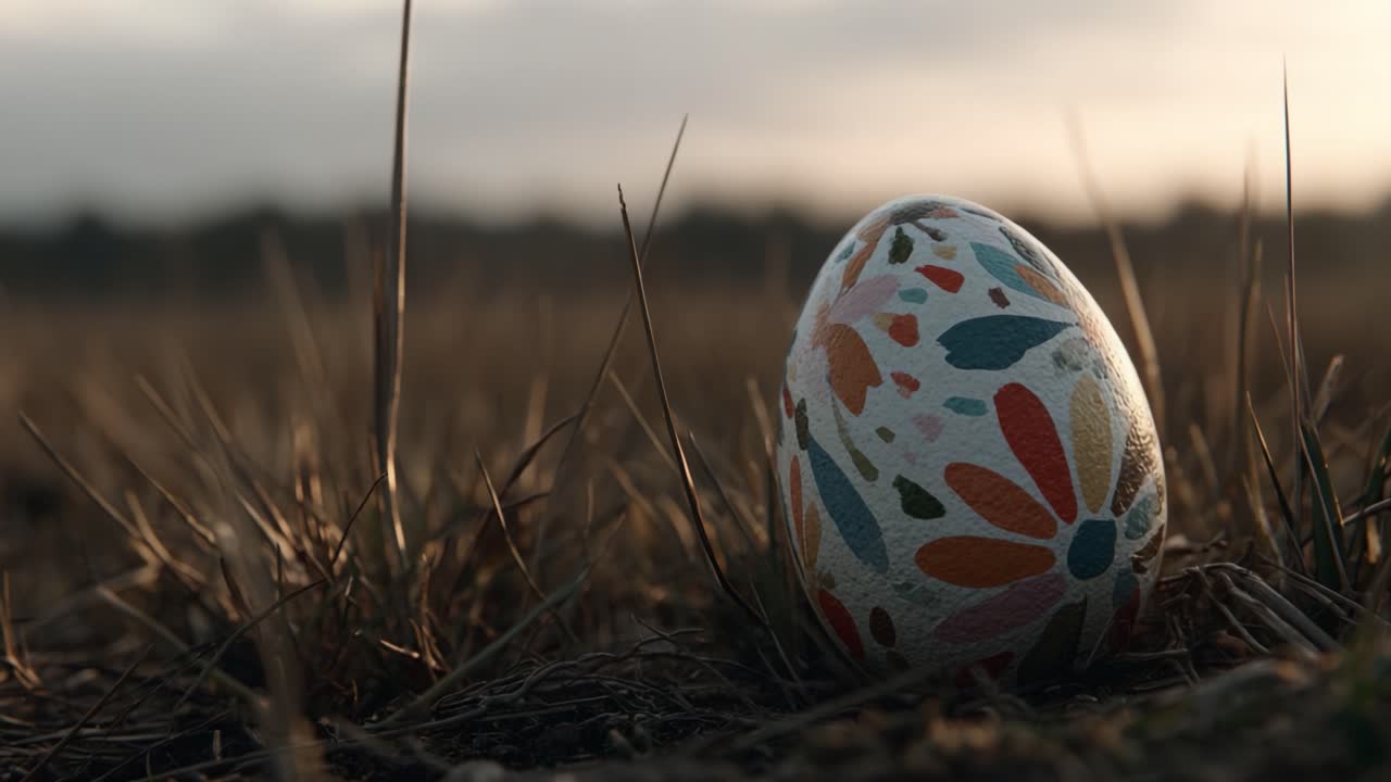 A Decoratively Painted Egg Nestled Among Dry Grass Under a Softly Lit Sky, Capturing the Essence of Spring and Natural Beauty
