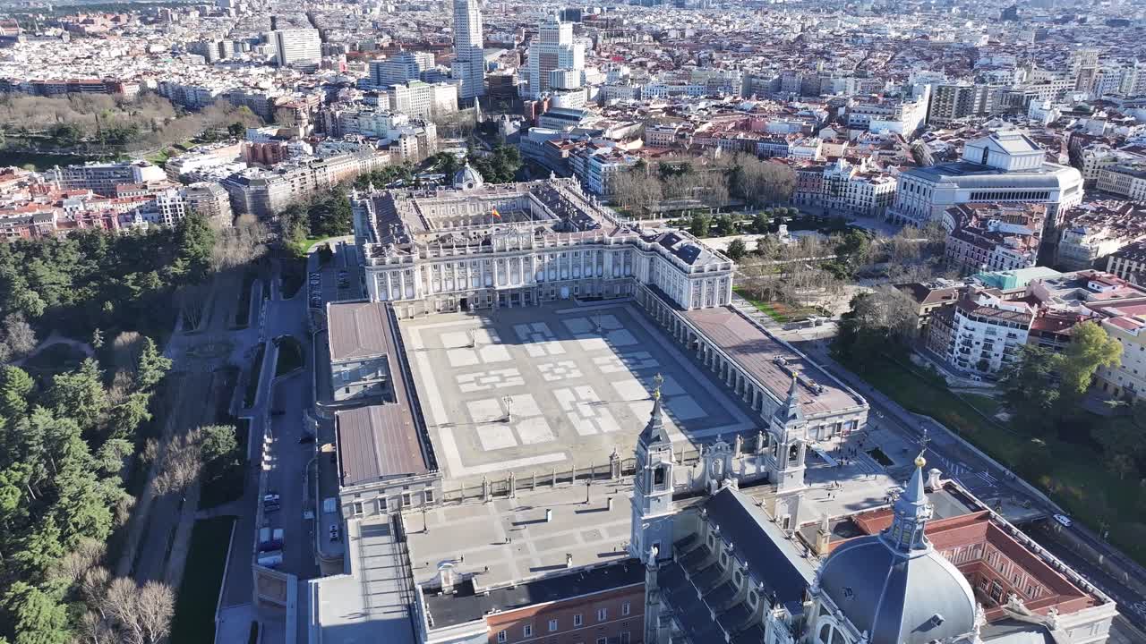 Royal Palace Of Madrid At Madrid In Community Of Madrid Spain. Medieval Buildings Landscape. Downtown District. Capital City Scenery. Royal Palace Of Madrid In Spain. Beautiful Cityscape