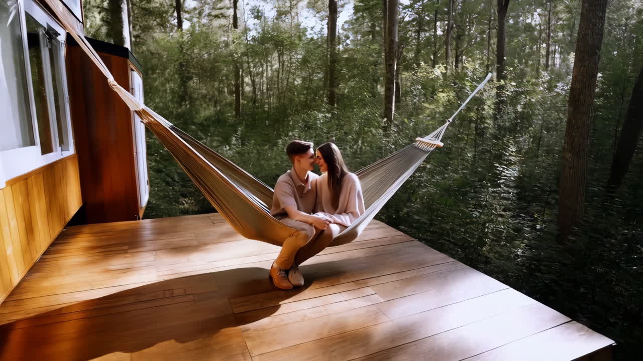 Couple relaxing in a hammock on a cabin deck in a forest