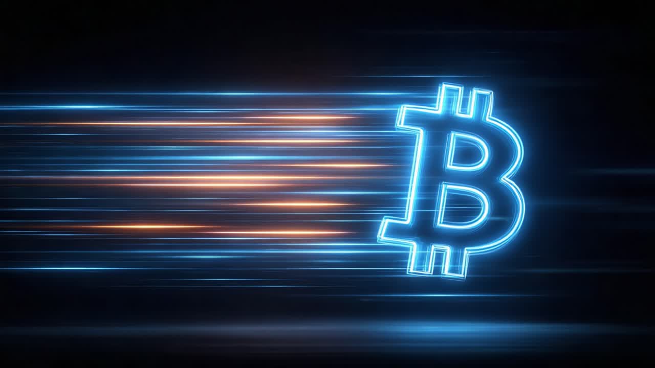 Dynamic Motion of a Glowing Bitcoin Symbol Emphasizing Digital Currency Acceleration in a High-Tech Environment