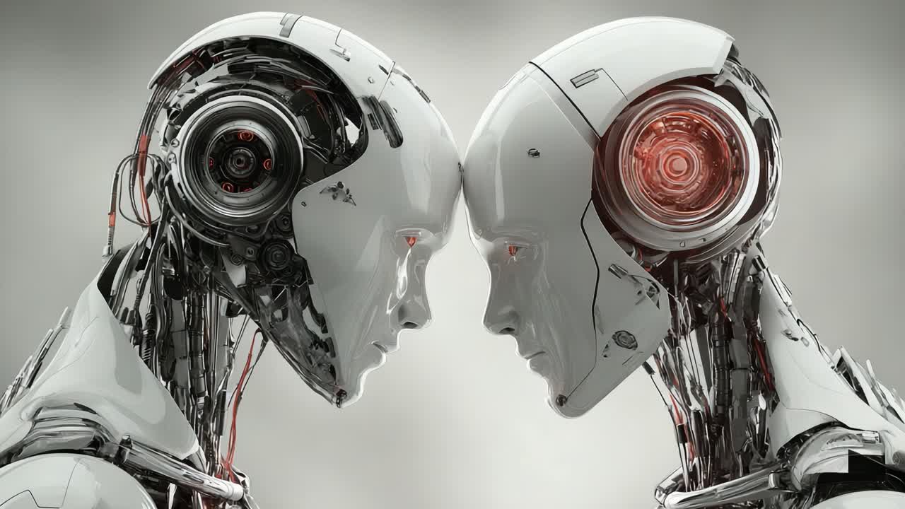 A Close Encounter of Two Futuristic Robots Engaged in an Intense Connection, Featuring Luminous Eye Elements and Highly Detailed Mechanical Designs Against a Minimalist Background
