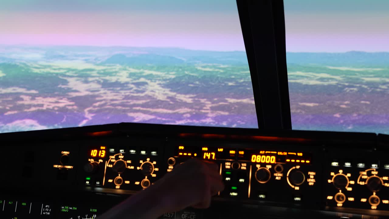 In-cockpit view of Airbus A320 flight deck - pilot adjusting throttle and controls in realistic flight simulator, clear instrument panel and sky view.