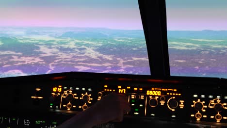 in-cockpit view of airbus a320 flight deck - pilot adjusting throttle and controls in realistic flight simulator, clear instrument panel and sky view.