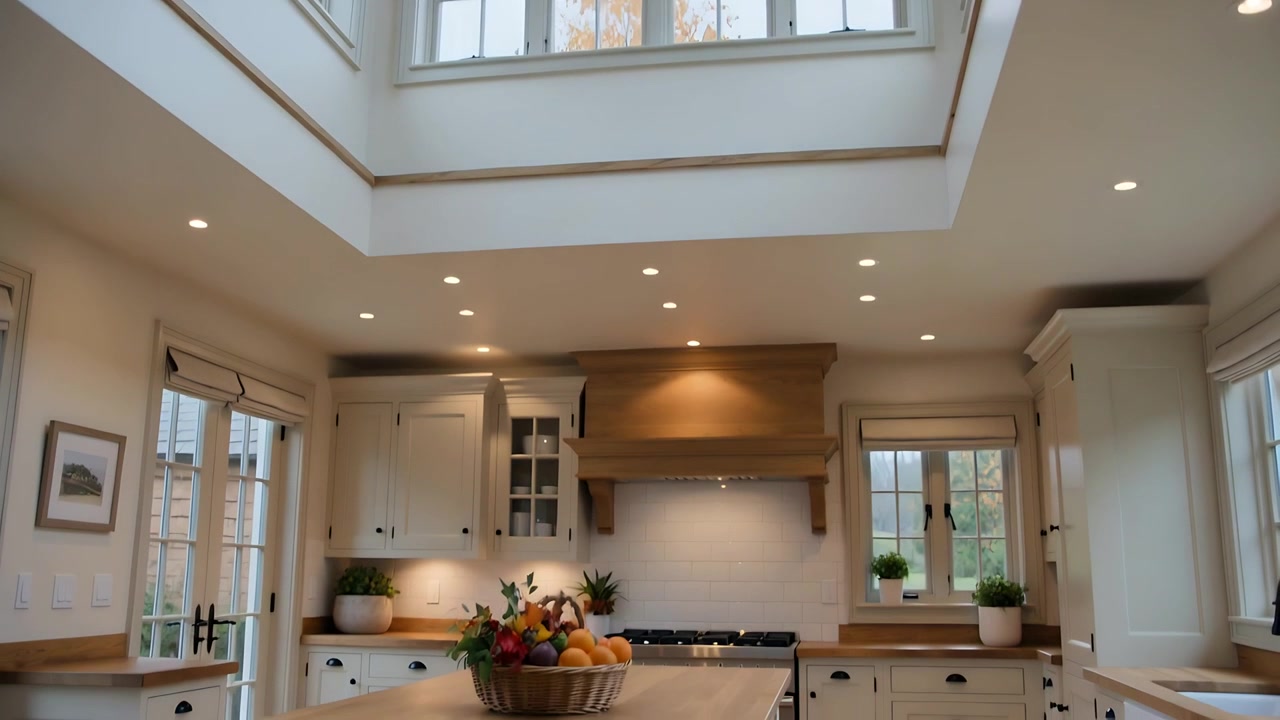 Tilting camera down from skylight, revealing kitchen at home with wooden island and fruit bowl