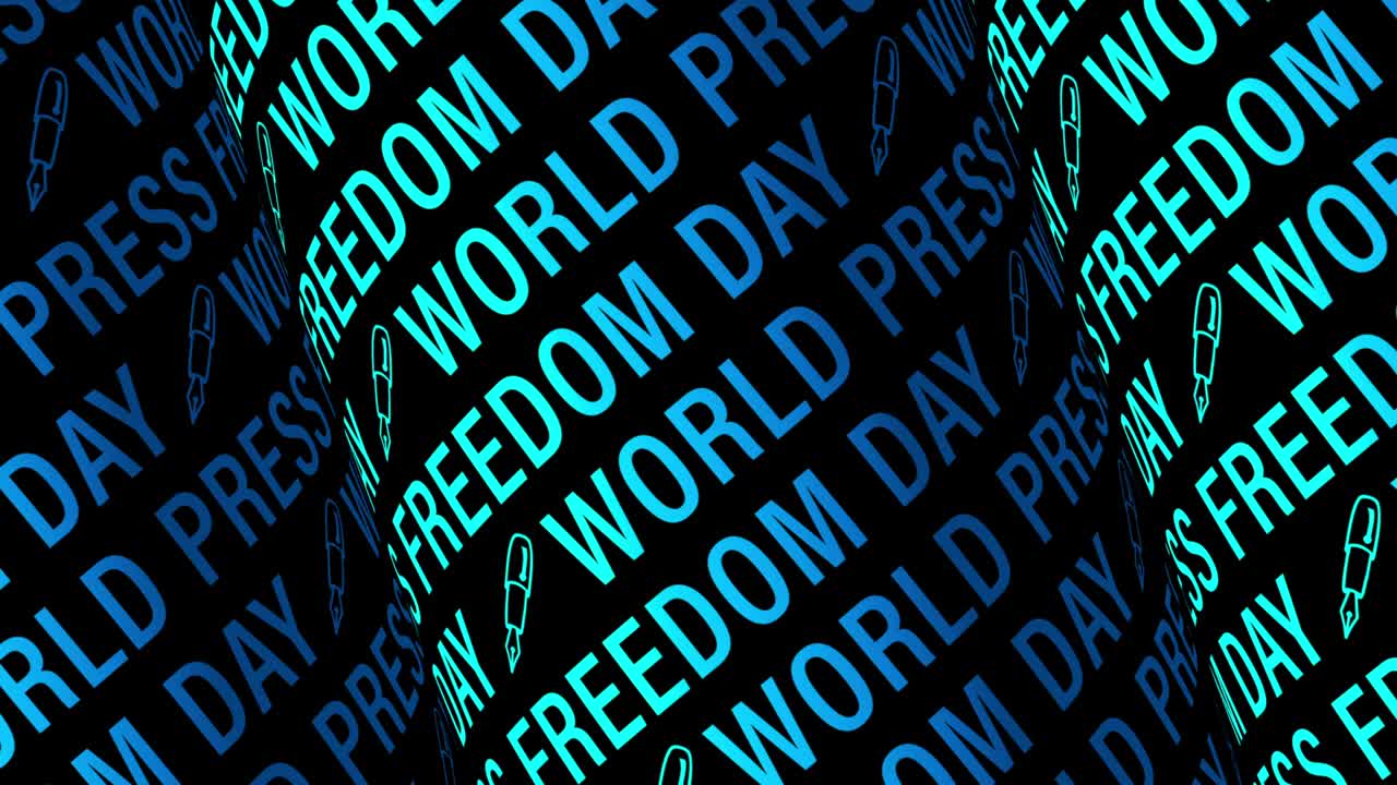 WORLD PRESS FREEDOM DAY cyan blue text scrolling cylinder textured pattern wallpaper background concept. 4K 3D render Seamless Looping World press freedom day motion design for title, intro, backdrop.