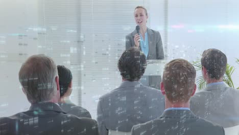 animación de puntos de luz sobre los empresarios caucásicos en la oficina