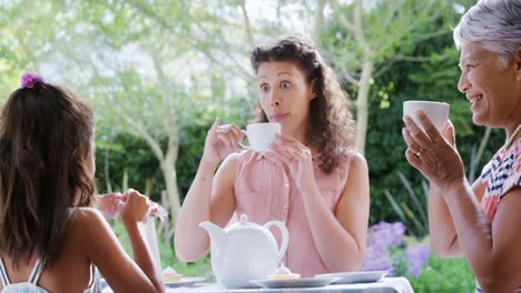 mother, daughter and granny having tea in the lawn 4k 4k