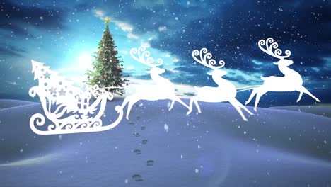 Animation-of-christmas-tree-and-sleigh-icon-over-winter-scenery