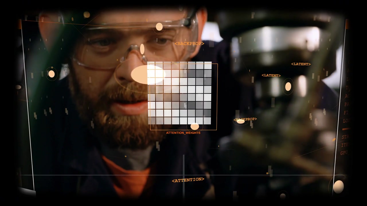 Bearded tech leaning, checking spindle as rotation triggers HUD tracking dot for machining check
