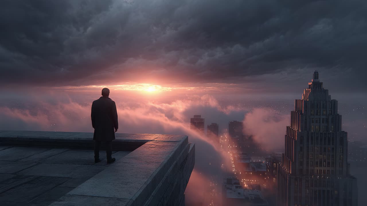 A solitary figure stands on a rooftop as the sun sets behind towering buildings, casting a dramatic glow through the swirling clouds and urban haze below