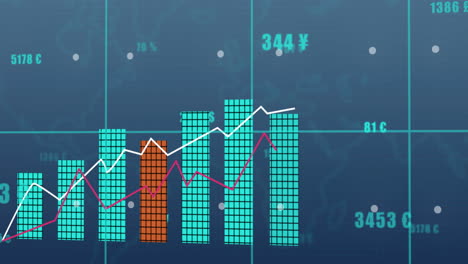 animation of financial data processing and statistics over blue background