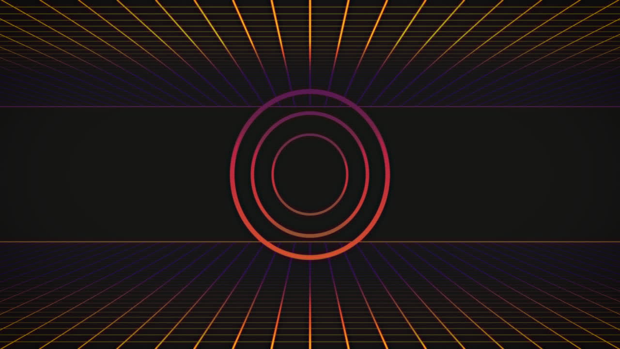Animation of pink neon flickering circles over glowing yellow to purple grid
