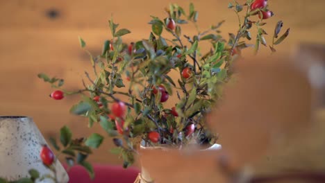 Immergrüner-Metzgerbesen-Als-Weihnachtsdekoration-Auf-Dem-Tisch-In-Einem-Gemütlichen-Holzhaus