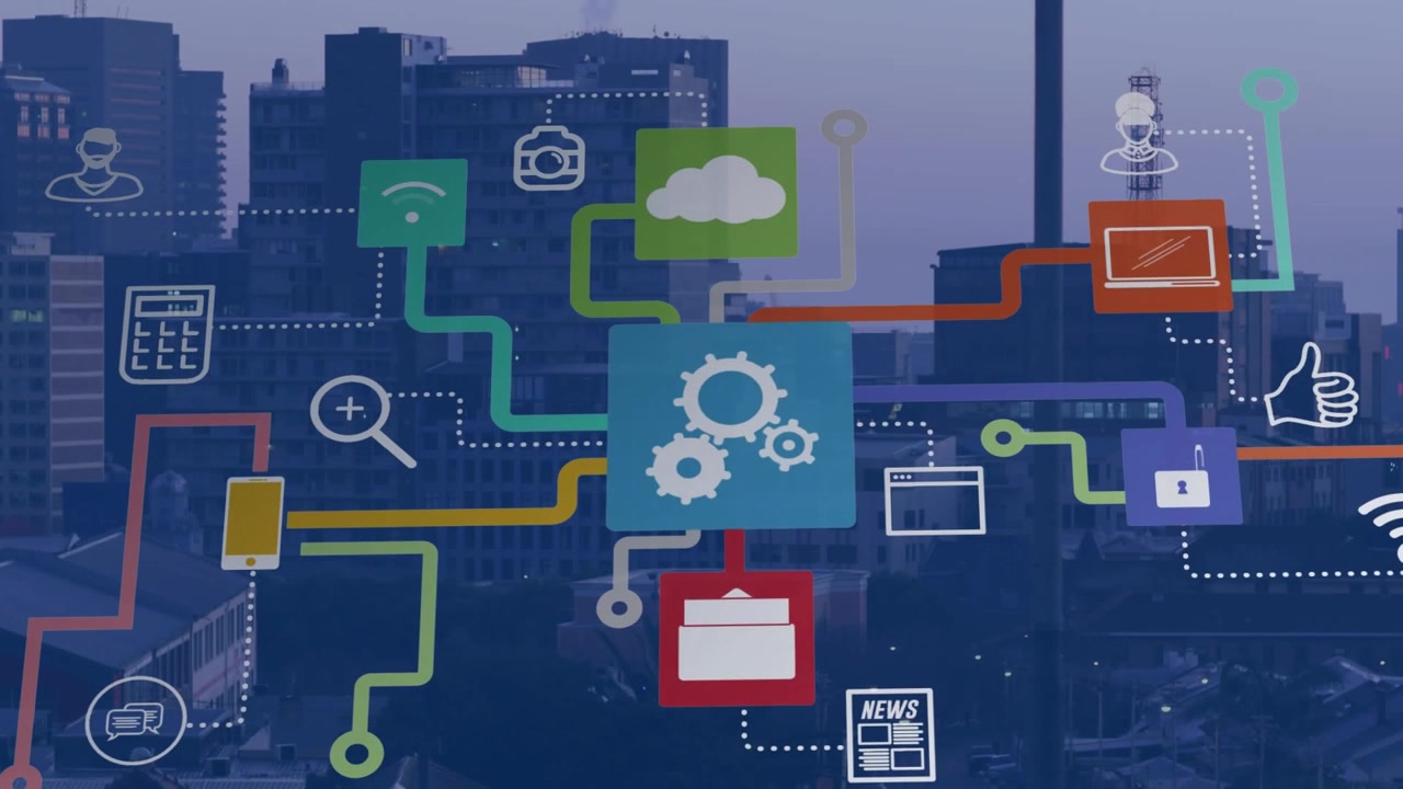 Animation of network of connections with icons and statistics over cityscape