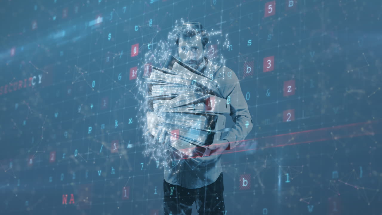 사이버 보안 데이터 처리가 파일  ⁇ 어리를 들고 있는 남자에 대해