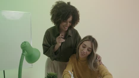 two women wearing office costumes for professional workers concept in stock content production