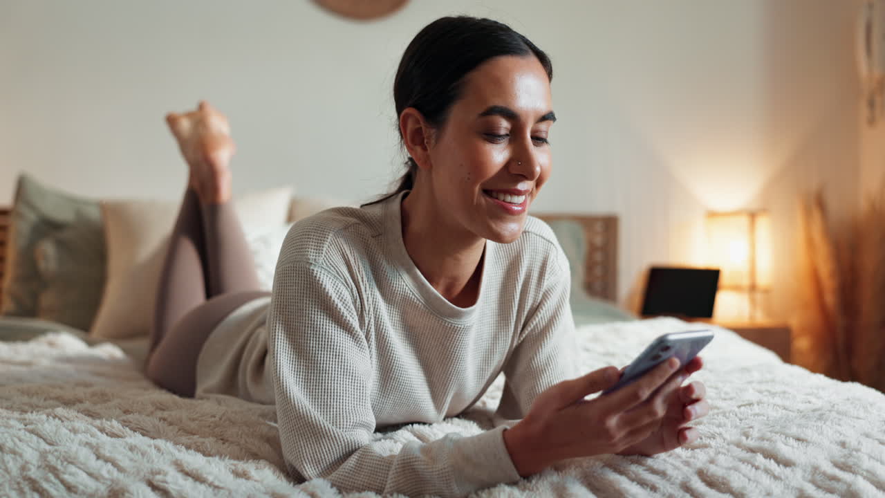 Woman Relaxing on Bed with Smartphone