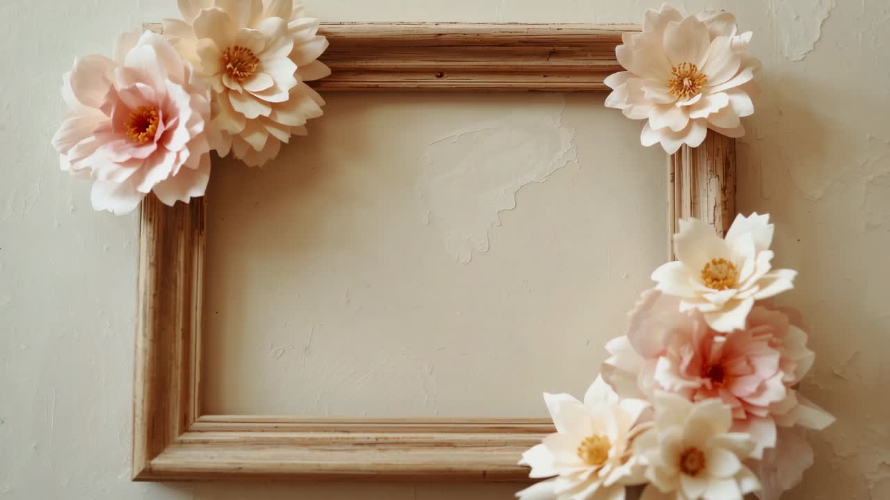 Shifting camera revealing wood frame on plaster wall, exposing peeling paint and pale pink flowers